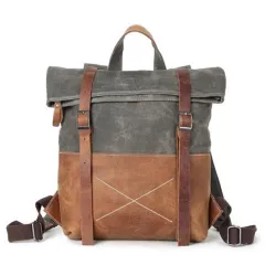 Wear-resistant Oil Wax Canvas Backpack With Top Layer Leather Travel Bag - Green - View 1