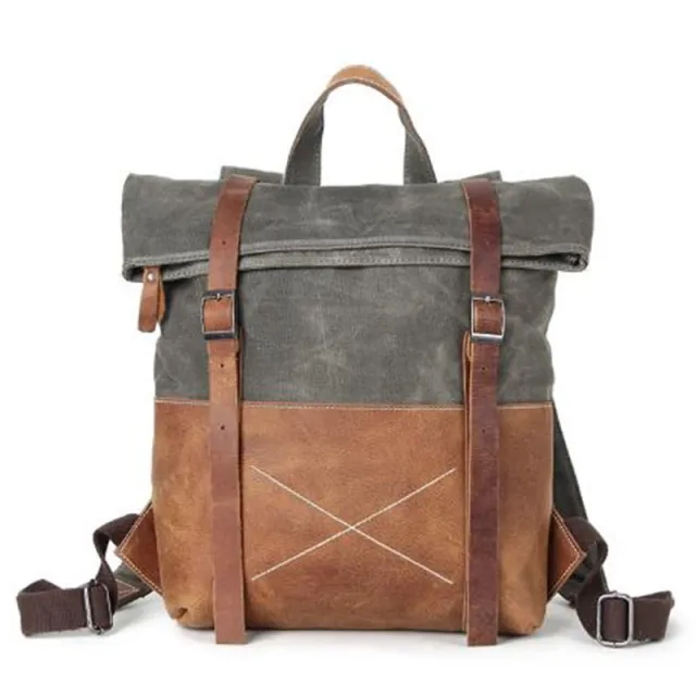 Wear resistant Oil Wax Canvas Backpack With Top Layer Leather Travel Bag Green - Shop at LoveMi