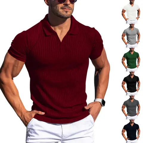 Polo Shirt Lapel V-neck Vertical Striped Short Sleeve Men's