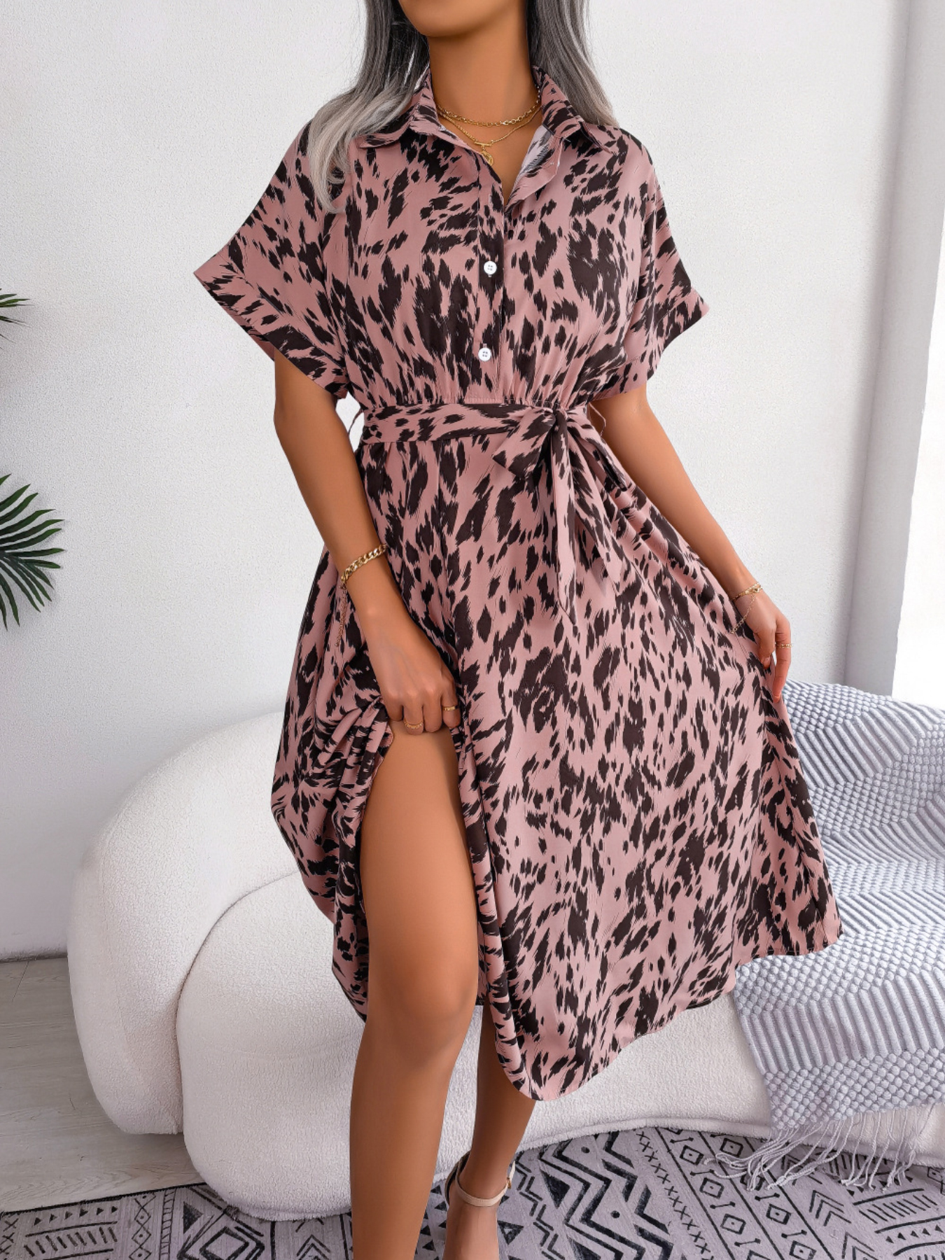 Women's Casual Loose Leopard Print Tie Waist Shirt Dress - Image 8