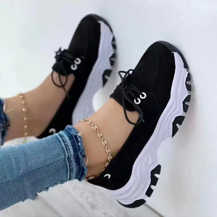 Lace-up Sneakers For Women Running Walking Sports Chunky Shoes - Black