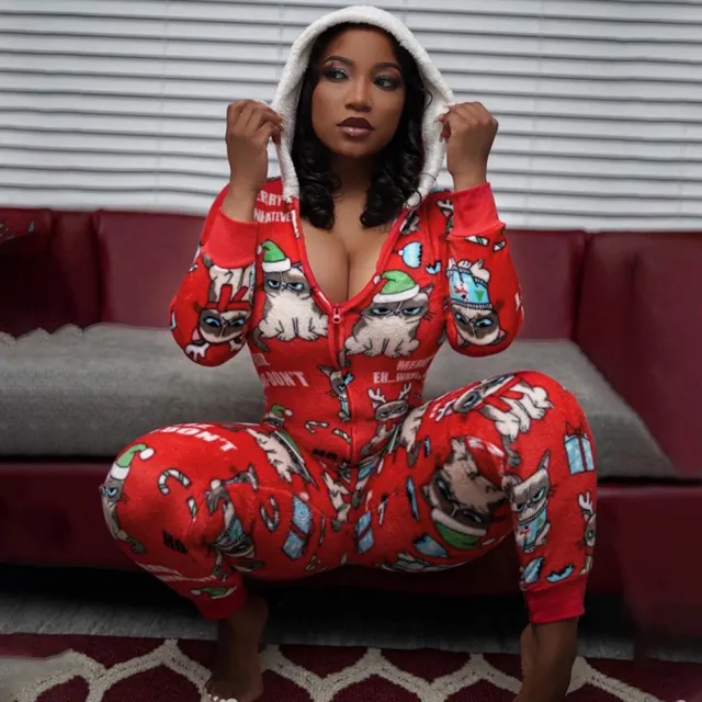 Fall Winter European And American Women's Hooded Christmas Printed Homewear V Neck Jumpsuit Red - Shop at LoveMi