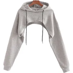 Loose Cropped Hooded Long Sleeve Sweatshirt - Grey - View 1