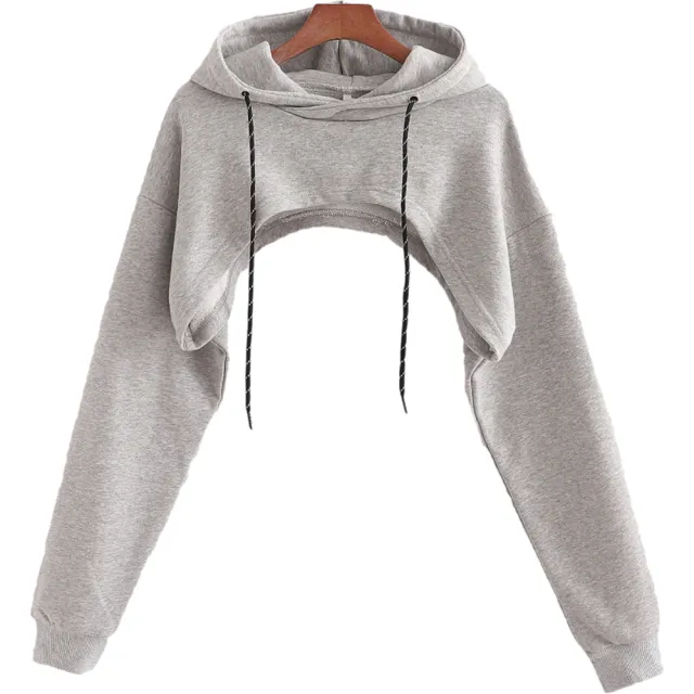Loose Cropped Hooded Long Sleeve Sweatshirt Grey - Shop at LoveMi