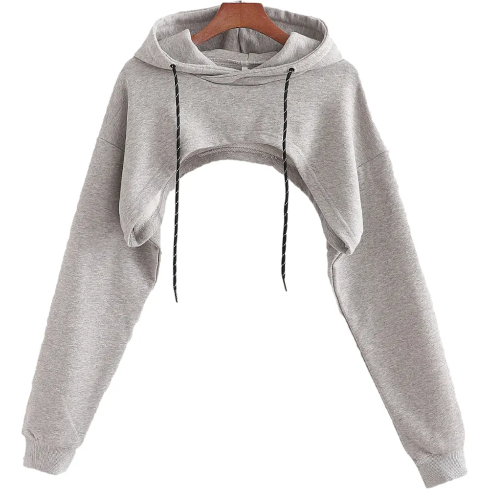 Loose Cropped Hooded Long Sleeve Sweatshirt - Grey