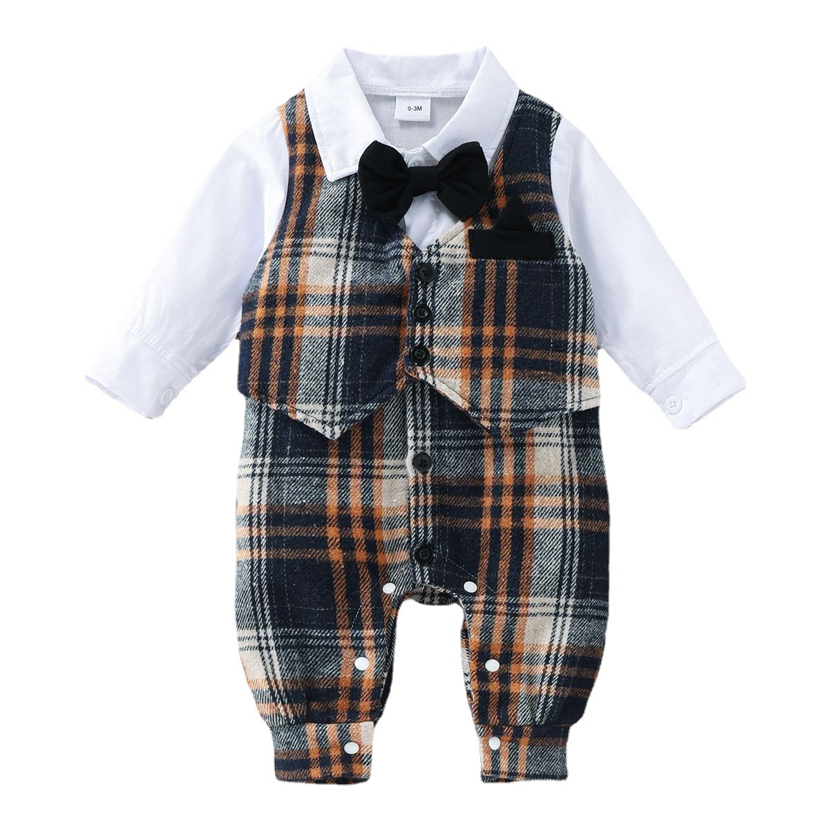 Baby Boy Gentleman Jumpsuit Spring And Autumn Fashion Plaid Fake Vest - Image 5