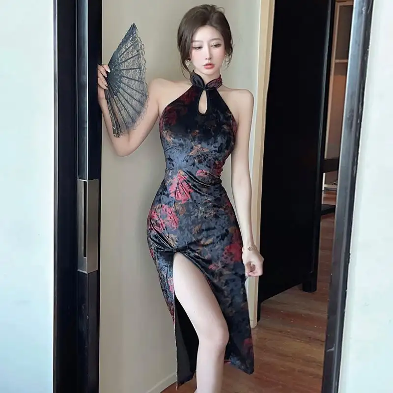 Women's Vintage Elegant Halter Printed Velvet Dress