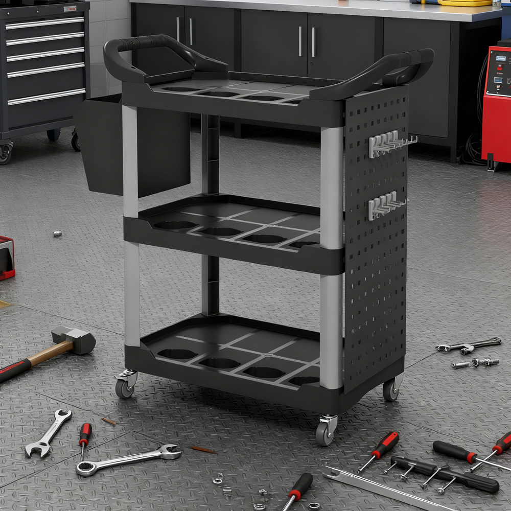 3-Tier Rolling Tool Cart, 200 LBS Capacity Plastic Utility Cart With Side Shelf And Storage Bucket, Tikt0k Sales Prohibited