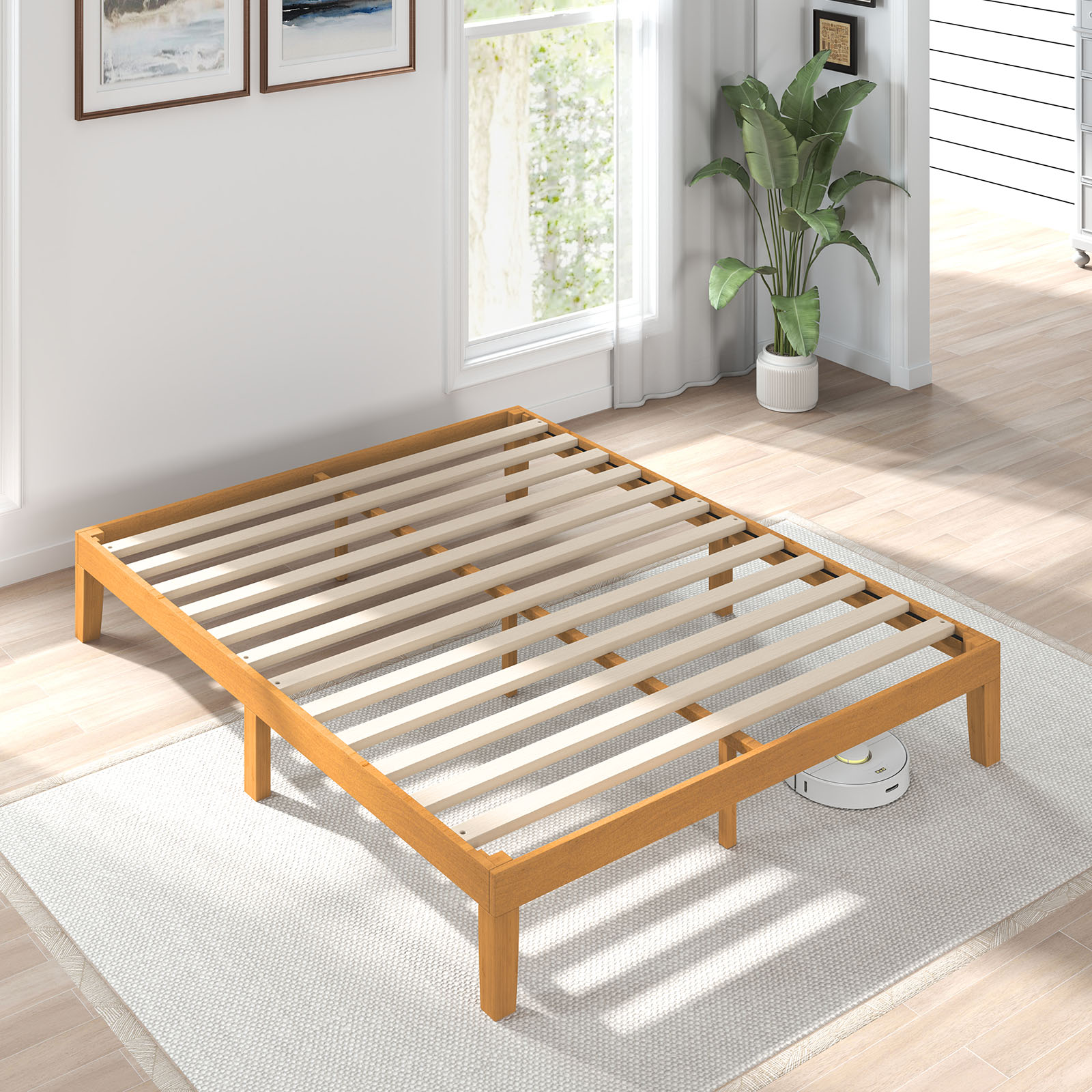 No Need For A Mattress Core. Wooden Platform Bed Frame, With Support Crossbars, And A Mattress Base Made Of Natural Pine Wood.