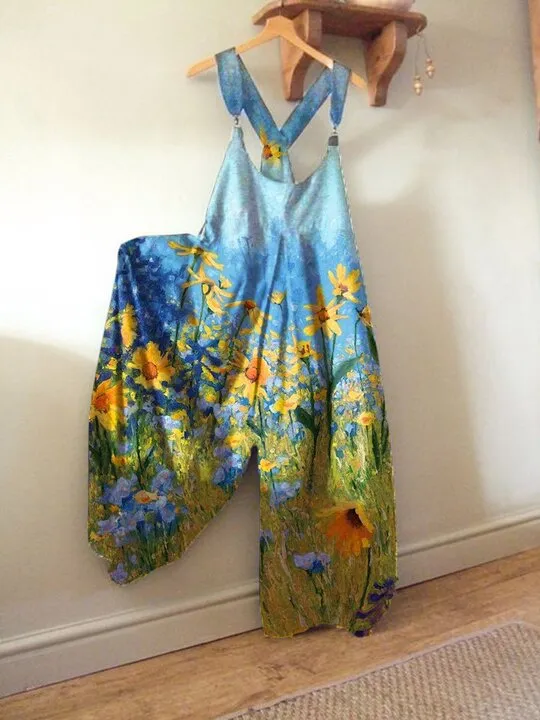 Printed Loose Casual Jumpsuit Blue - Shop at LoveMi
