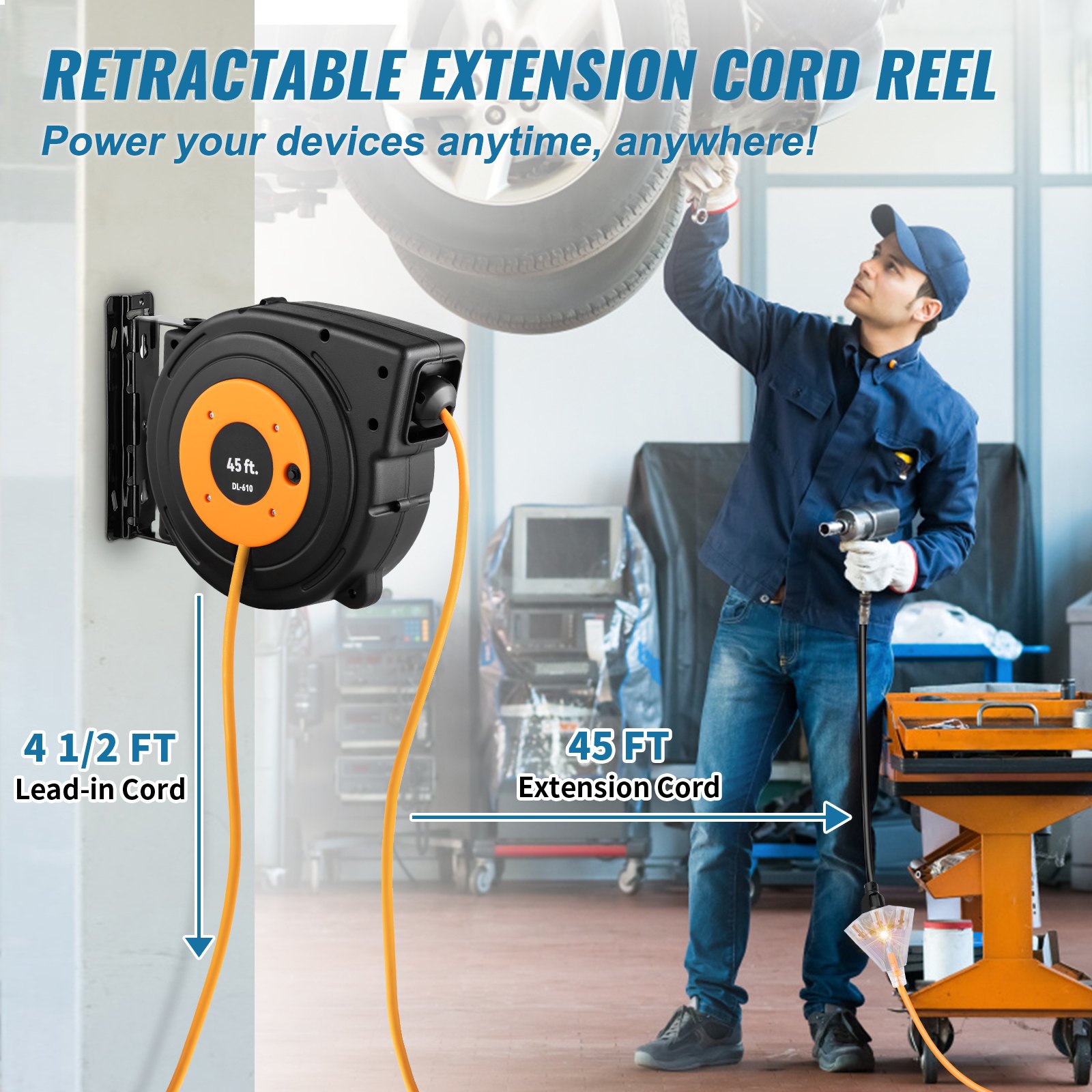 VEVOR Retractable Extension Reel, Heavy Duty 12AWG 3C SJTOW Power Cord 45 FT 12AWG, Black image 3