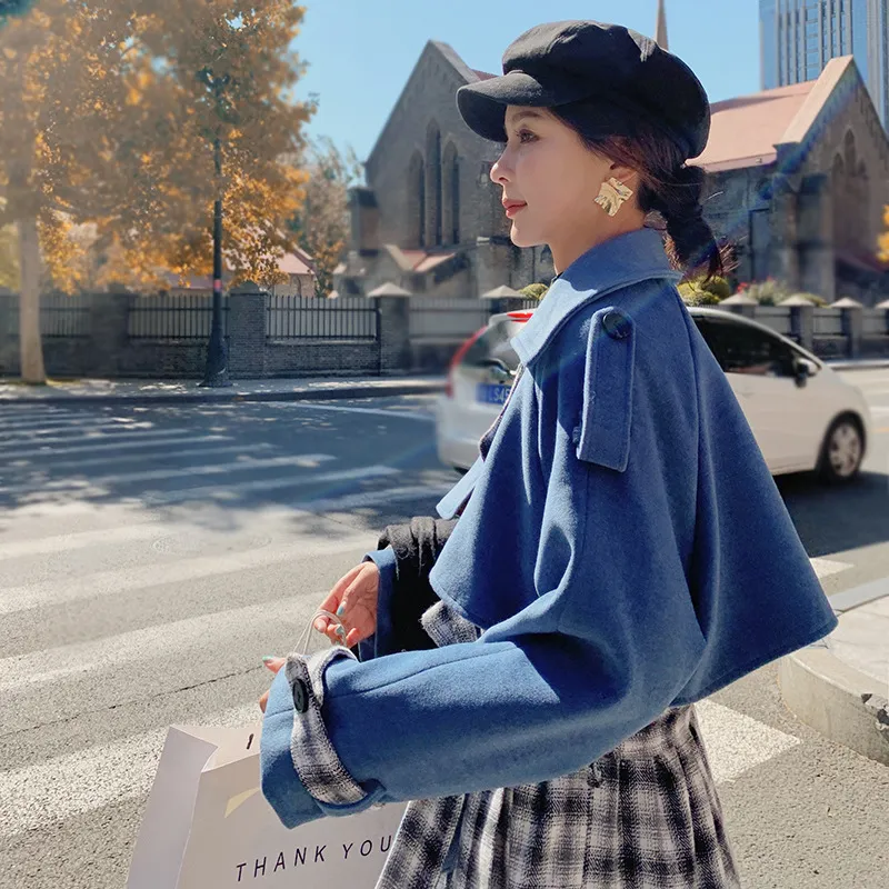 Plaid Stitching Temperament Goddess Fan Woolen Coat Mid-length Coat - Blue Spell Black And White Gri