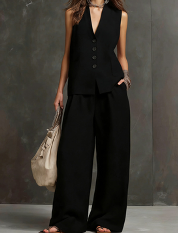 Women's Linen Sleeveless Vest & Wide-Leg Pants Two-Piece Set in Black – casual resort summer outfit