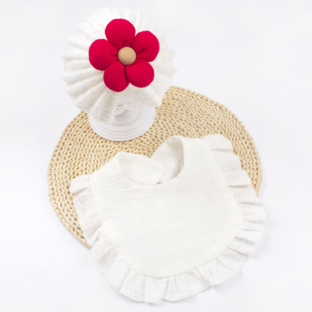 Newborn Baby Hat & Bib Set - Muslin Drool Bibs With Frilly Trim  Soft Organic Cotton Bonnet Bandana Drooling Accessories For Infants — foto 8