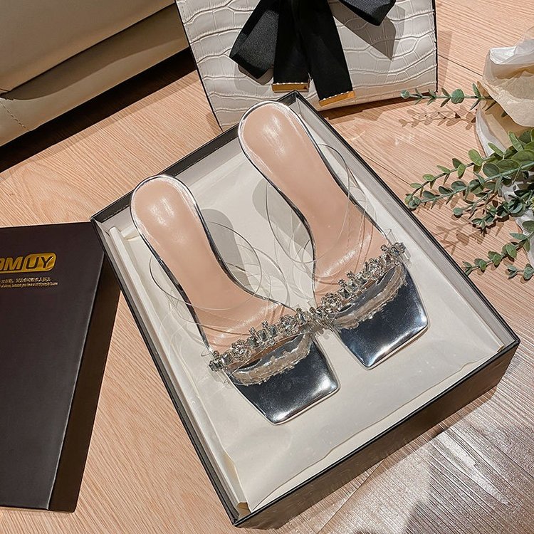 Square Sandals, Transparent Rhinestone High Heels, Open Toed Sandals, Women's Shoes With A Hundred Tower Temperament