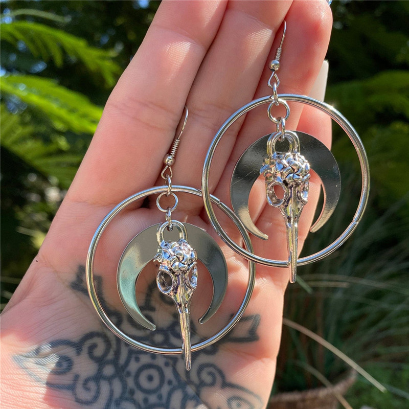 Crow Head Circle Pendant Earrings Halloween Themed