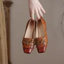 Women's Handmade Genuine Sheepskin Fringe Block Heel Pumps, Square-Toe Chain Loafer Style Shoes view 9