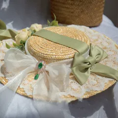 European Style Retro Sunshade Summer Flat Top Lace Wide Brim Straw Hat - View 1
