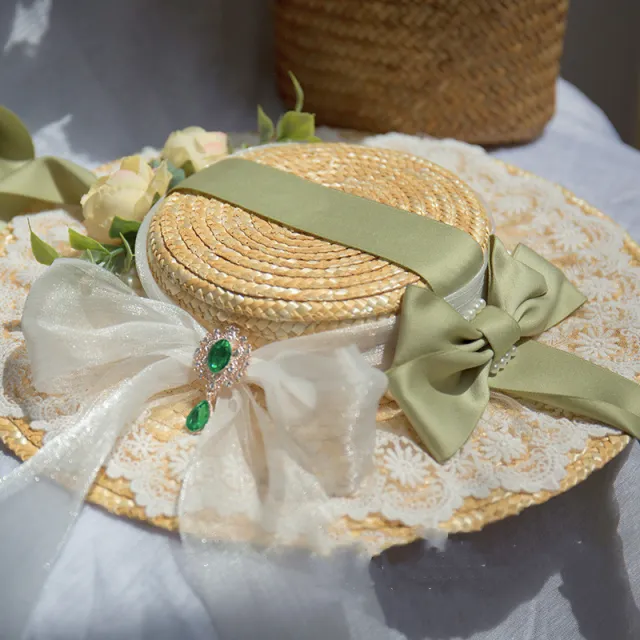 European Style Retro Sunshade Summer Flat Top Lace Wide Brim Straw Hat - Shop at LoveMi
