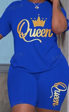 Slayr Crown & Letter Printed Short Sleeve T-Shirt And Shorts Casual Two-Piece Set For Summer - Blue - View 1