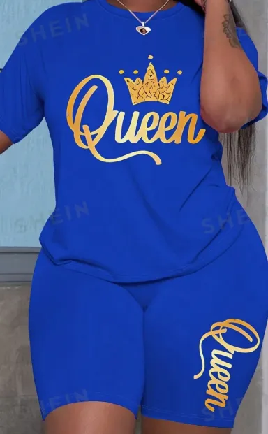 Slayr Crown & Letter Printed Short Sleeve T Shirt And Shorts Casual Two Piece Set For Summer Blue - Shop at LoveMi