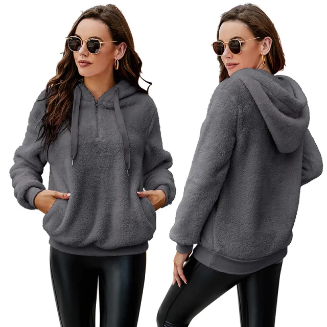 Long Sleeve Zipper Hooded Collar Solid Color Women's Sweatshirt Fleece Jacket Grey - Shop at LoveMi