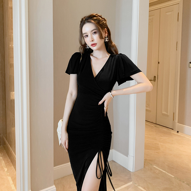 Drawstring V-Neck Vintage Dress