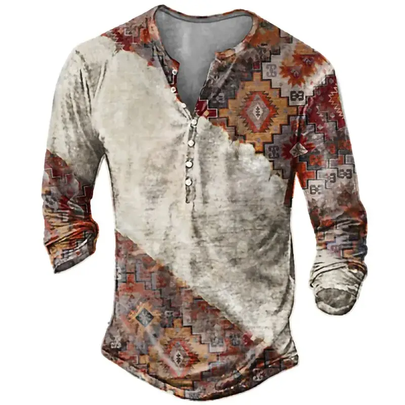 Men's Casual V-Neck Long Sleeve Vintage Print Top