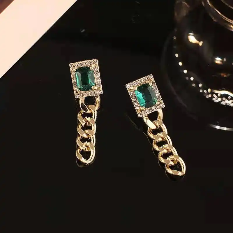 European And American Fashion Popular Stud Earrings Women's Gold-plated Flat Chain Square Zircon Earrings