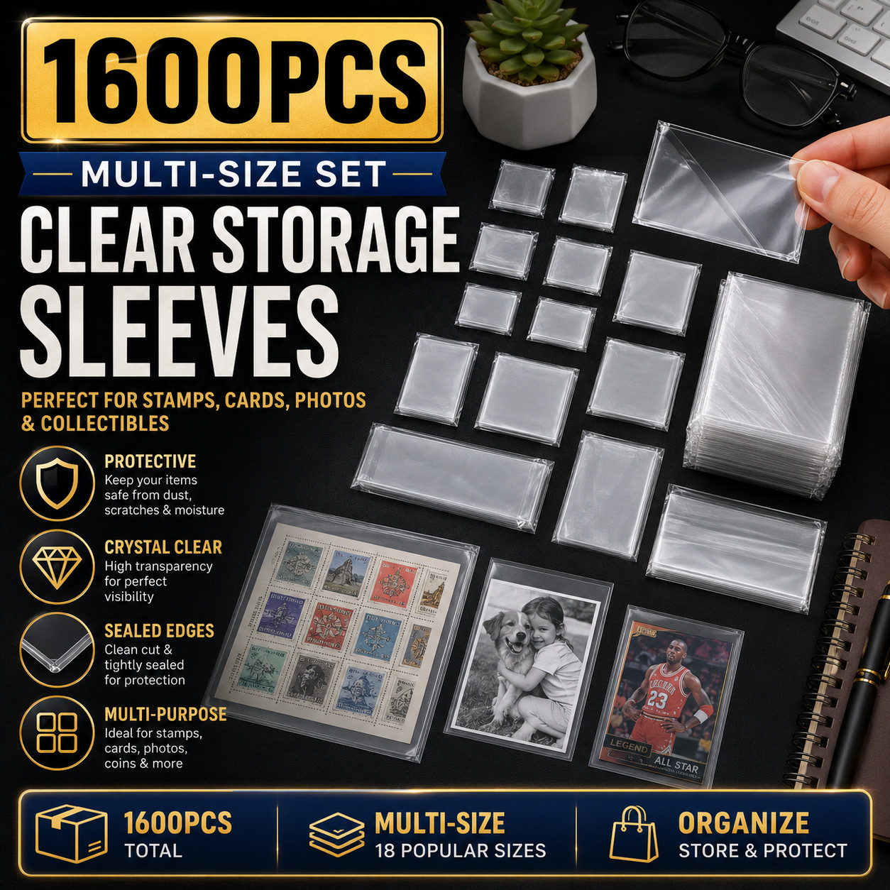 -100Pcs Clear Stamp Sleeves 16 Sizes Organizer Storage Bags For Cards Photos Set