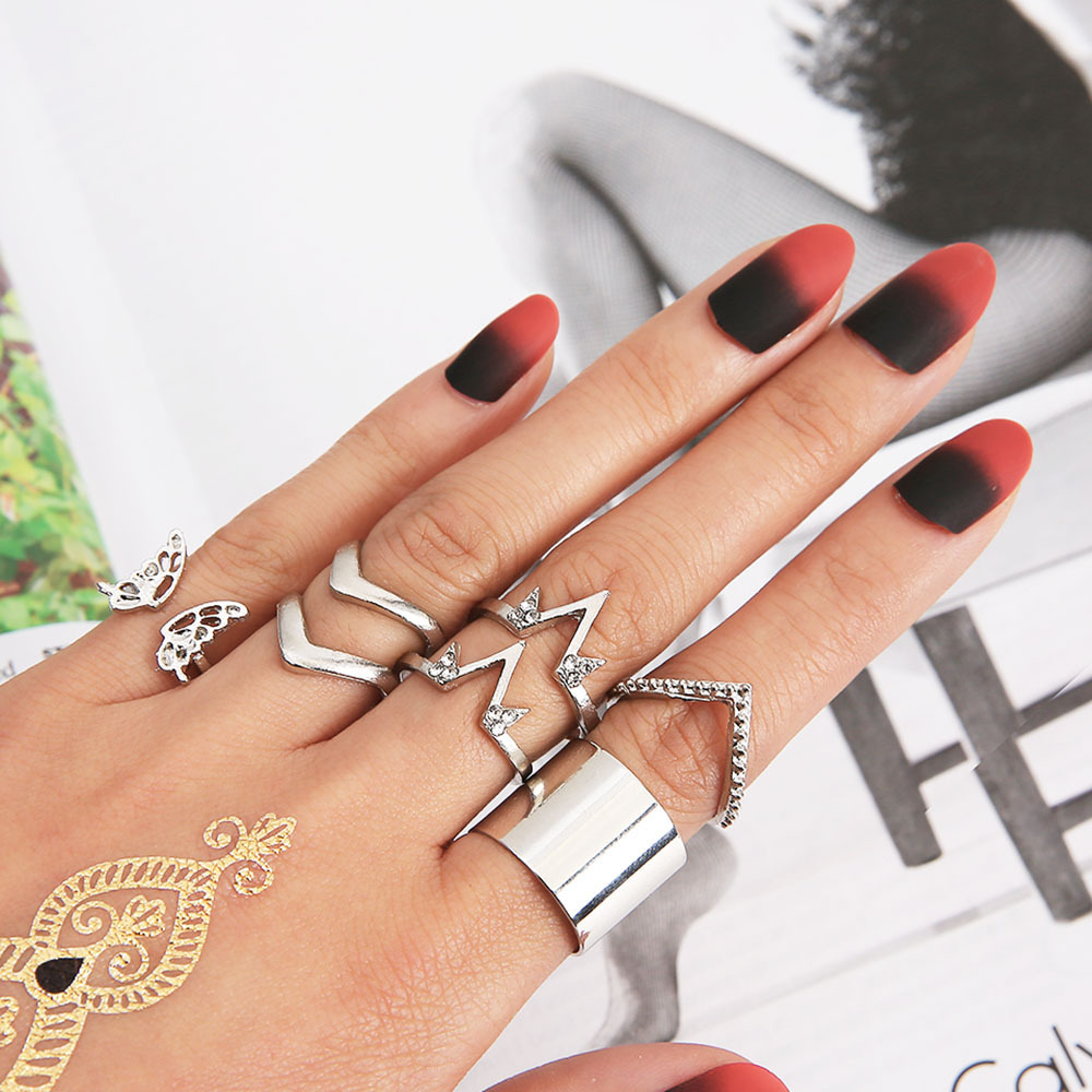 European And American Bohemian 7-piece Diamond Butterfly V-shaped Set Ring