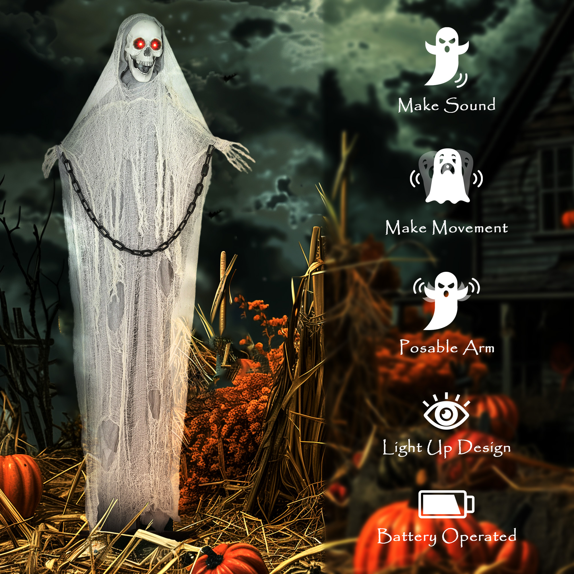 183 Cm Life Size Halloween Animated Skeleton Grim Reaper With Glowing LED Eyes — image 7