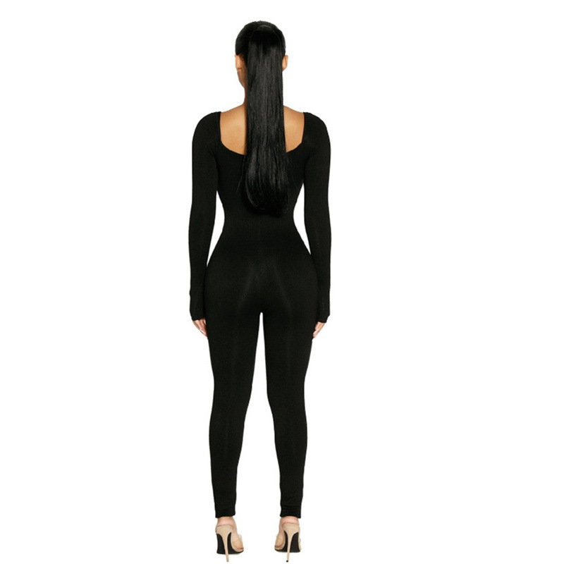 Stretch Big Collar Stretch Solid Color Jumpsuit Long Sleeve Sexy Women