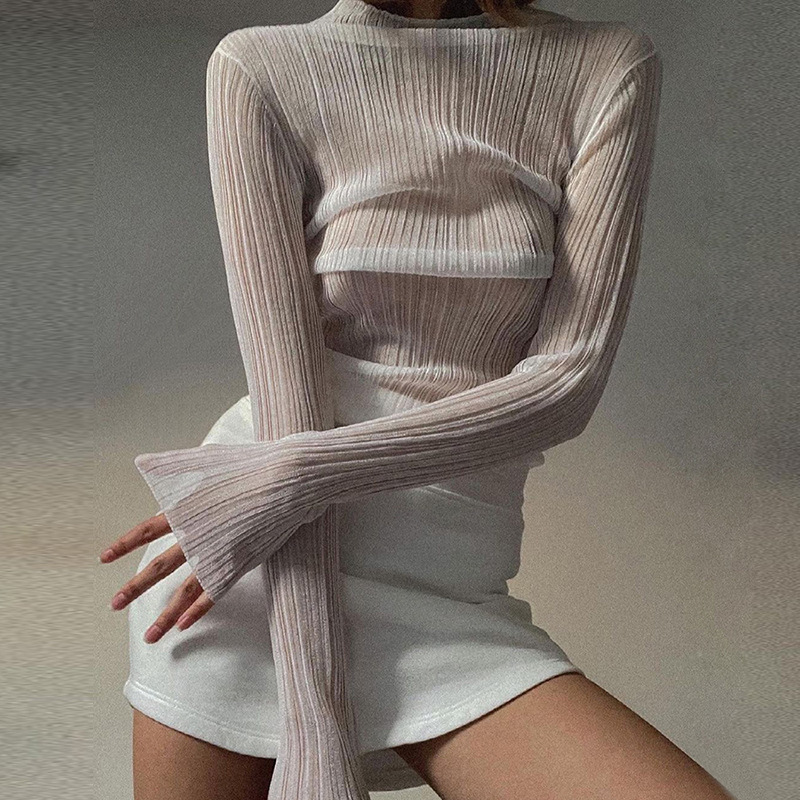 Women's Solid Color Pit Striped Slim Long-sleeved Shirt With Wooden Ears