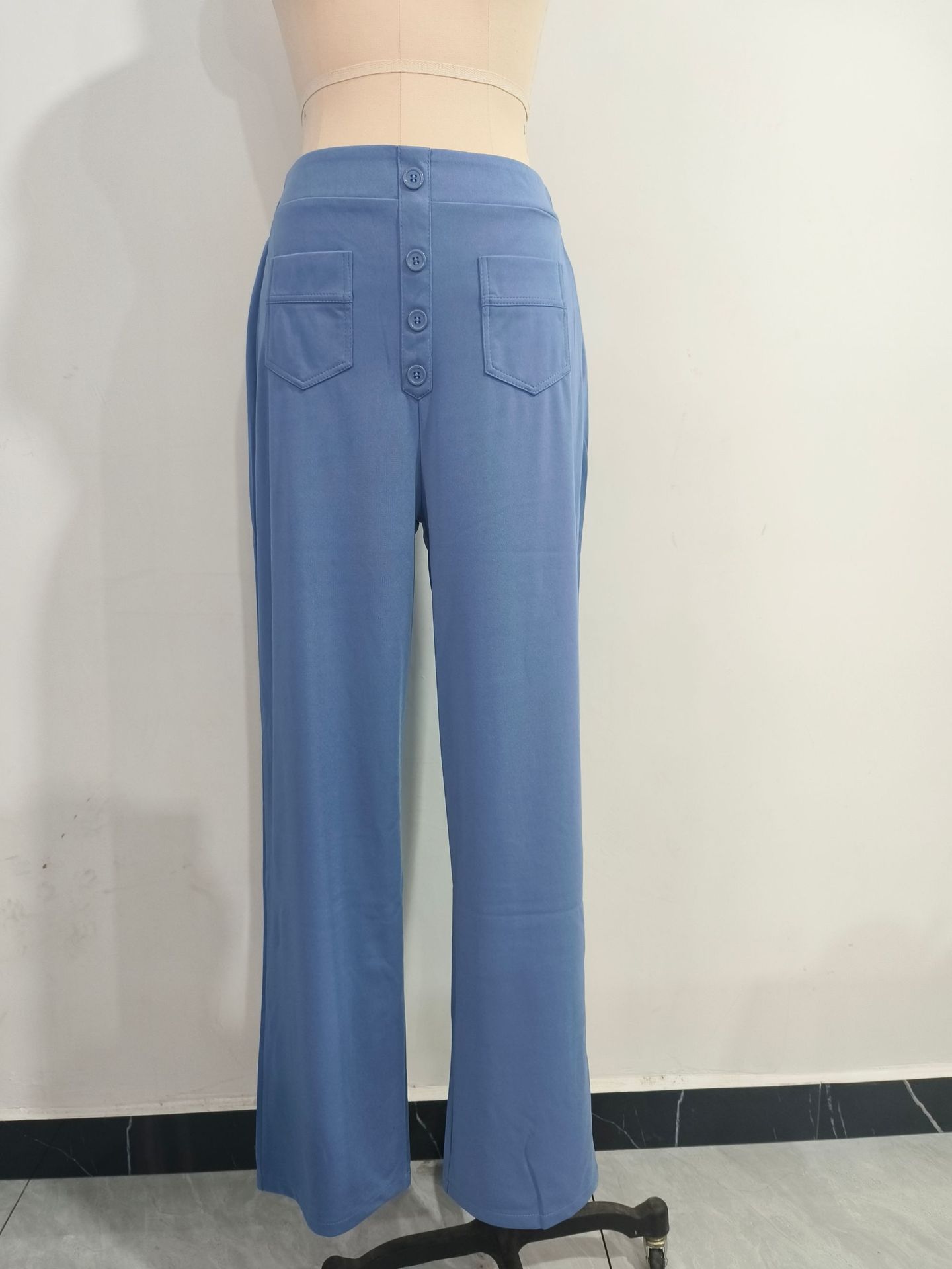 Women's Casual Straight Leg Pants With High Waist, Button Closure, Elasticity, And Multiple Pockets Denim Blue - Shop at LoveMi