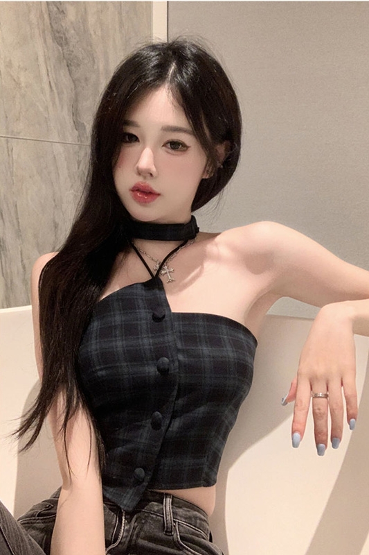 Women's Short Plaid Halterneck Camisole