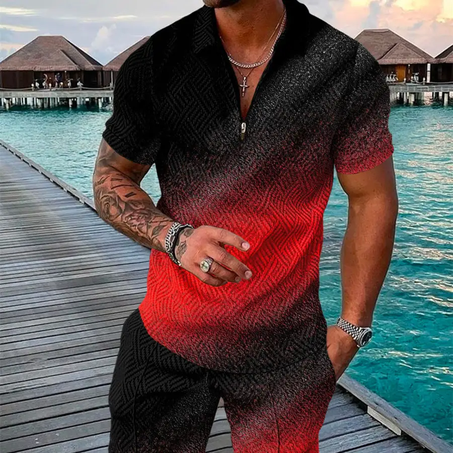 Men's Summer Fashion 3D Printed Short Sleeve Geometric Zip Lapel Shirt Set