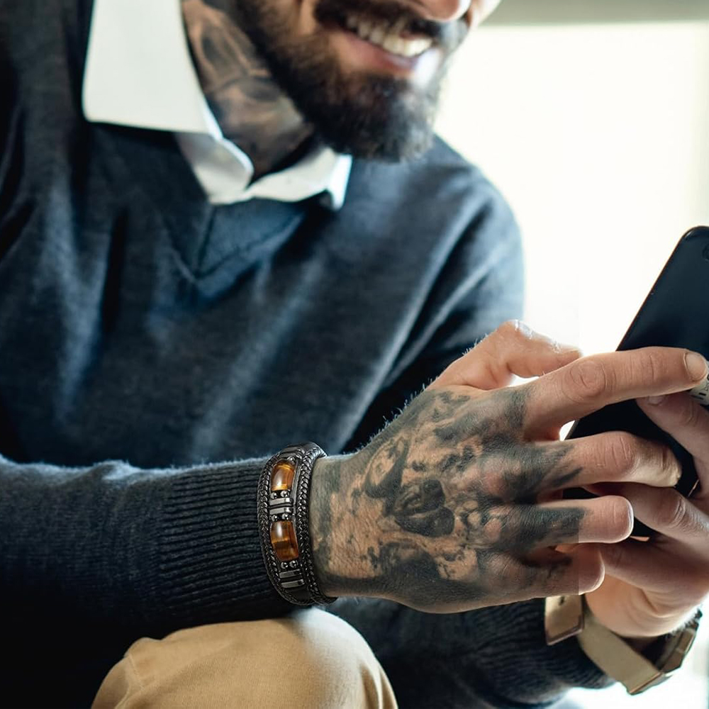 Natural Tiger Eye Stone Bracelet Healing Tiger Eye Quartz Leather Braided Gift