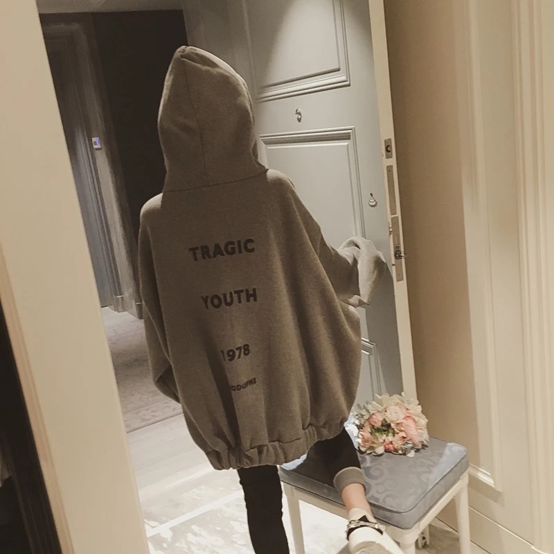 Women's Hooded Mid-length Sweater Coat With Fabric Printed Letters