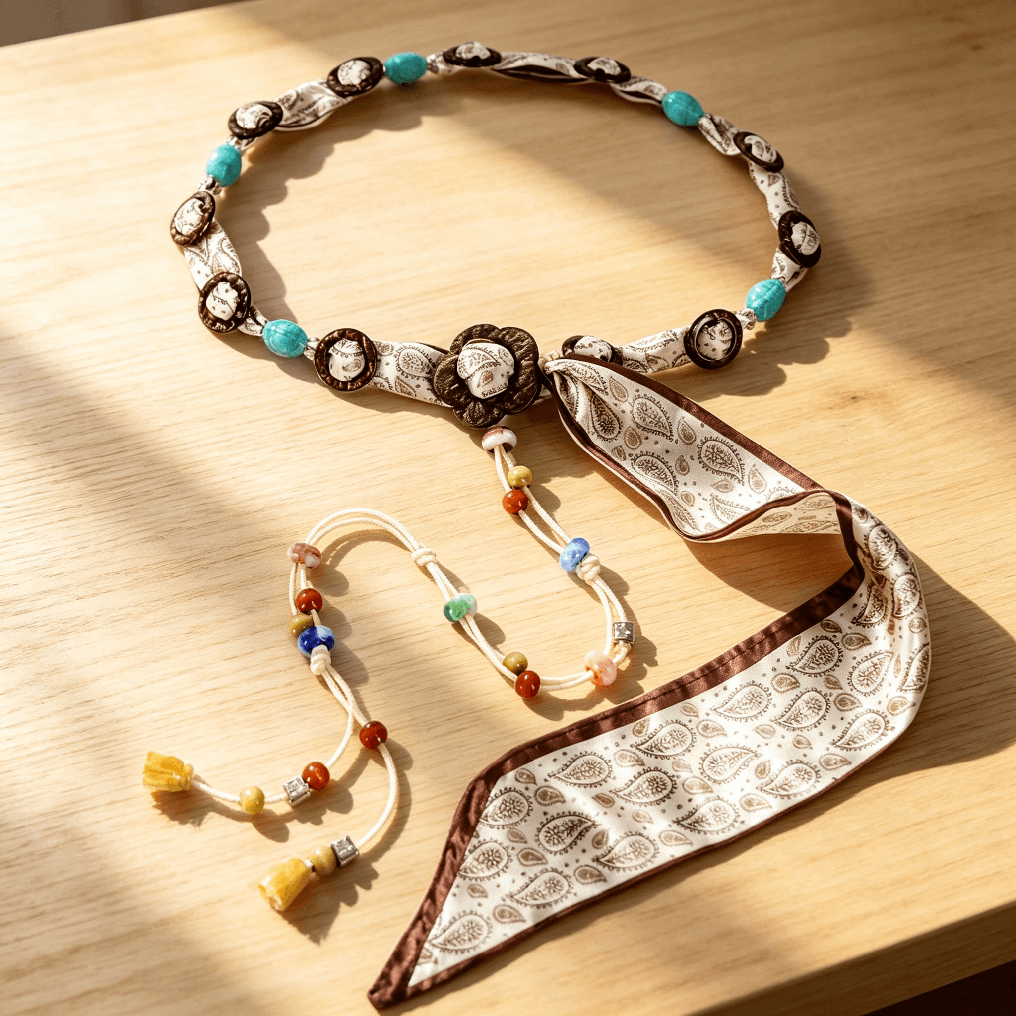 Boho Paisley Satin Beaded Waist Belt, Floral Buckle Adjustable Tie Rope For Women Dress Jeans