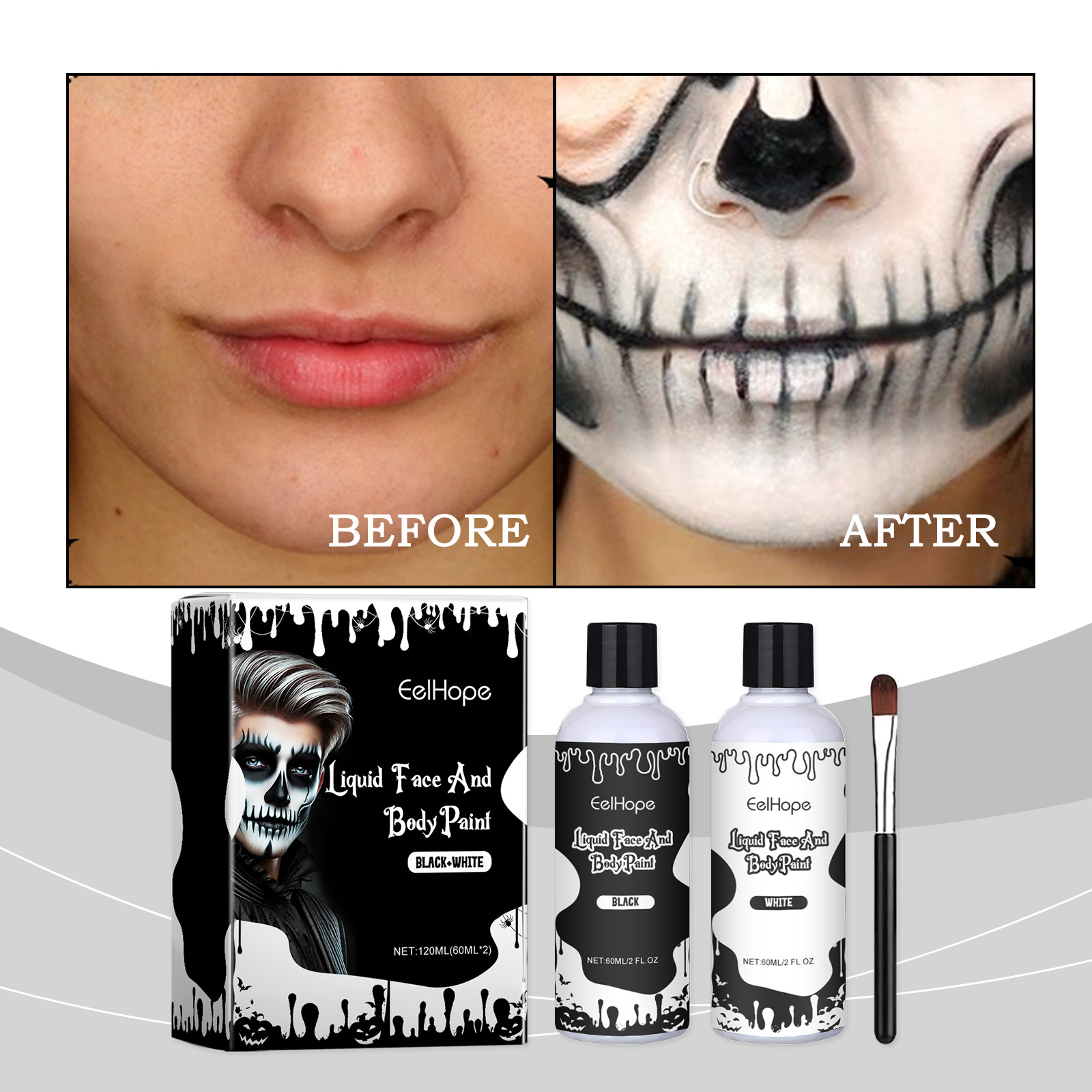 Halloween Black White Liquid Face Body Paint, Quick Dry Face Painting Kit With Brush, Long Lasting Face Paint For Halloween Skeleton Cosplay