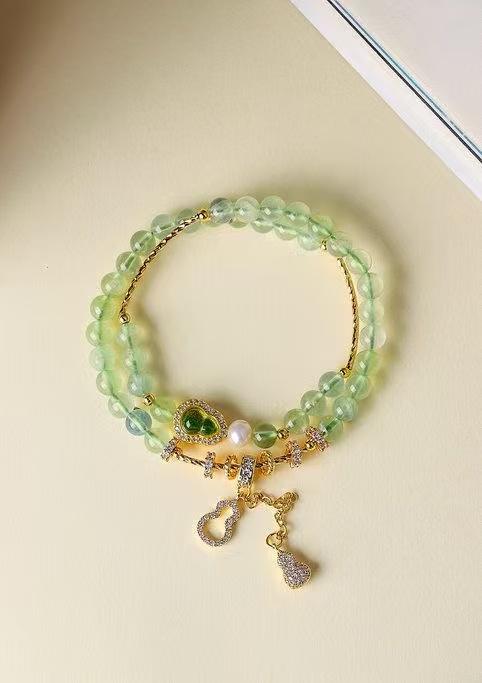 Natural Prehnite  Pearl Bracelet Gourd Fu Lu Two Tone Beaded Chain Wealth Energy Jewelry For Women