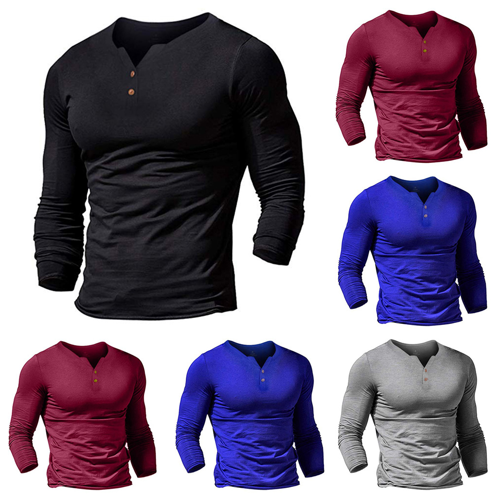Men's Fashion Solid Color V-neck Slim Long Sleeve Top