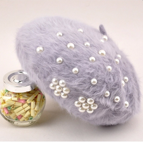 Women's Winter Korean Hats Trendy Pearl Rabbit Fur Grey - Shop at LoveMi