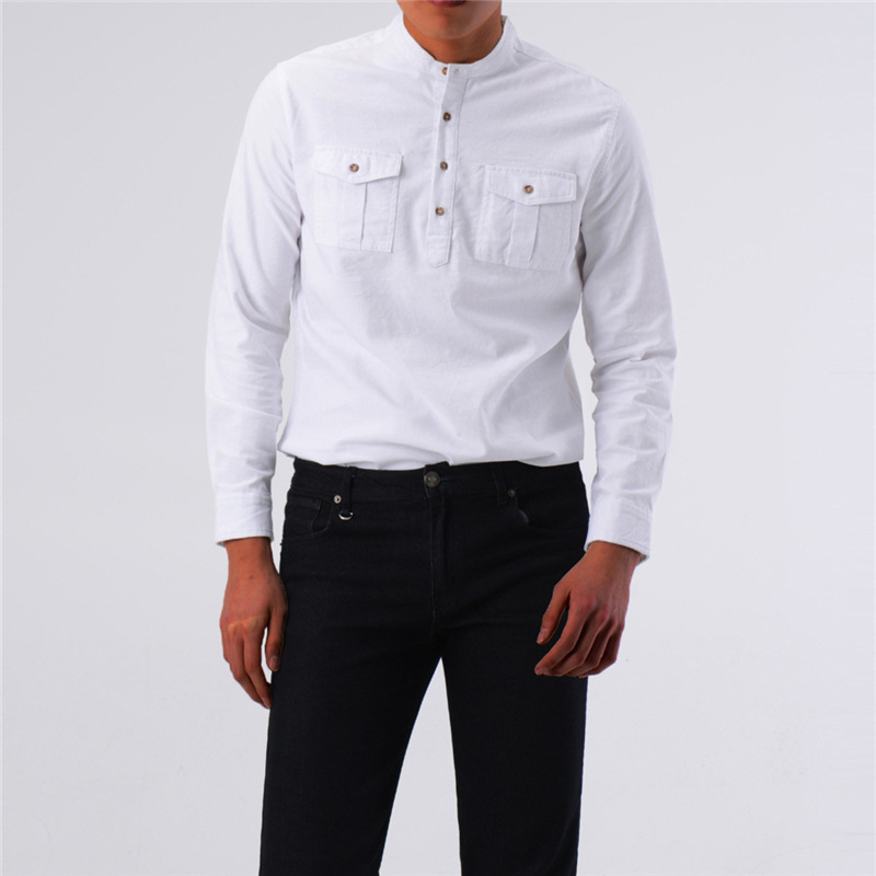 Men's Long-sleeved Solid Color Slim-fit Stand-collar Multi-pocket Tooling Shirt