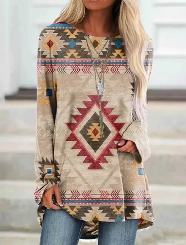 Long T shirt Dress Retro Ethnic Style Color2 M - Shop at LoveMi