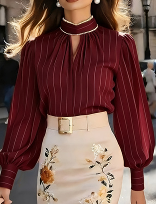 French Retro Style Stand Collar Puff Sleeve Blouse For Women