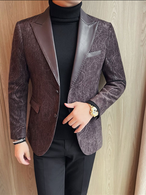 Jacquard Velvet Leather Lapel Men's Blazer