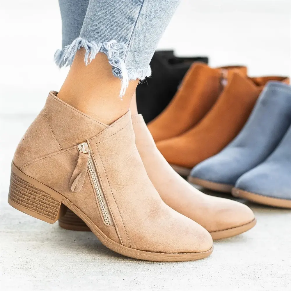 Ankle Boots for Women Low Heels Side Zipper Shoes