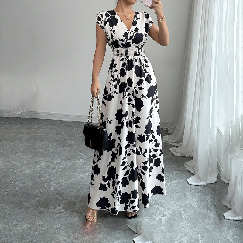 Women's Wrap V Neck Short Sleeve Empire Elastic Waist Summer Casual Elegant Maxi - Picture 10 of 10